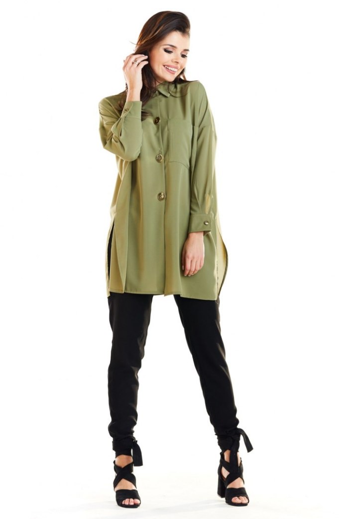Koszula Damska Luźna Oversize Z Kołnierzykiem Długa - khaki